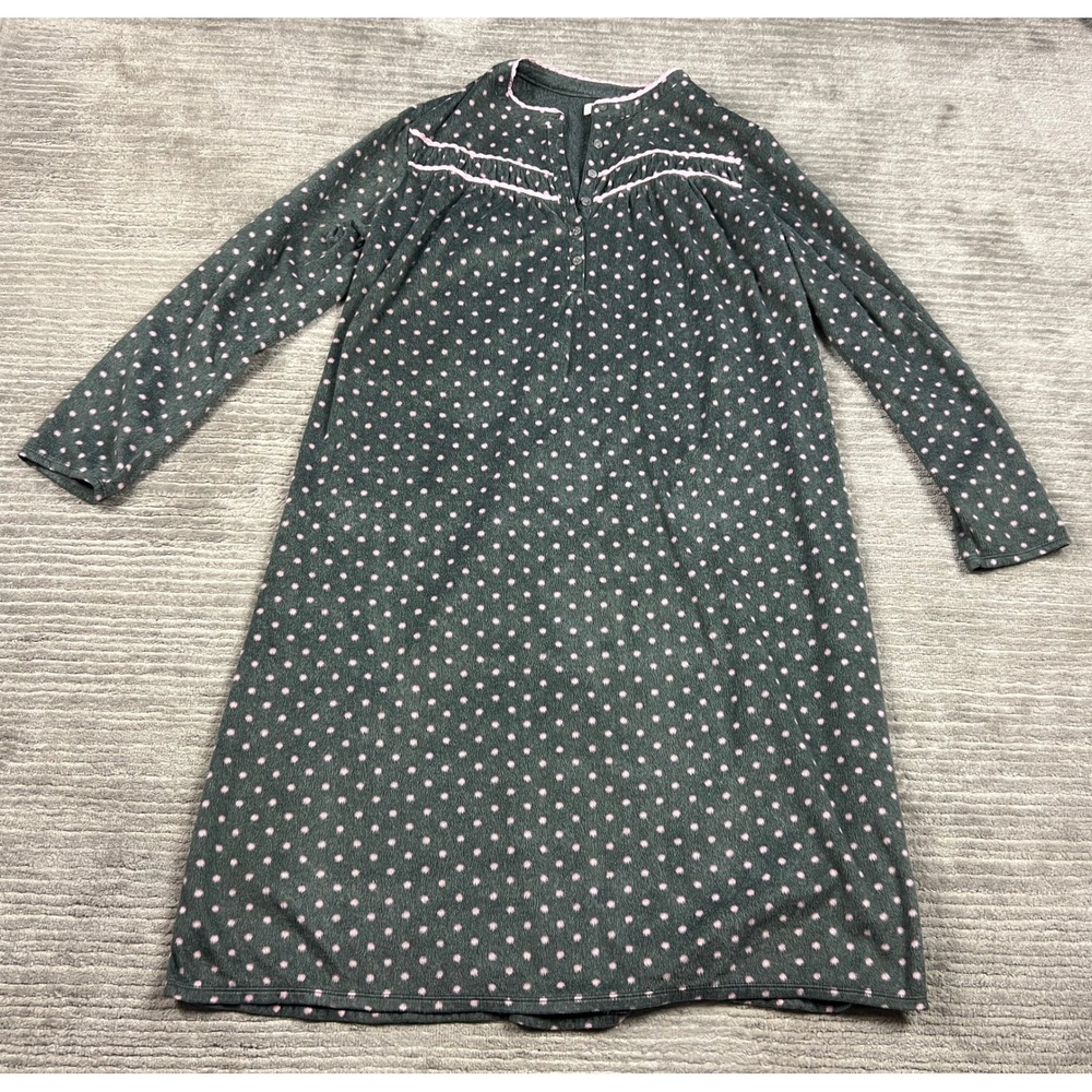 Celestial Dreams Nightgown Women XL Gray Pink Polka Dot Fleece Henley Long Slv
